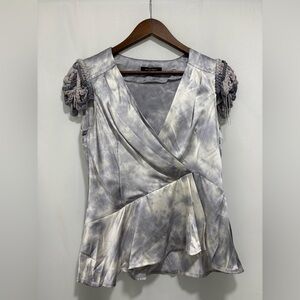 Nanette Lepore 100% Silk Blouse Gray Ivory Tie Dye Ruffle Sleeve Top Size 4